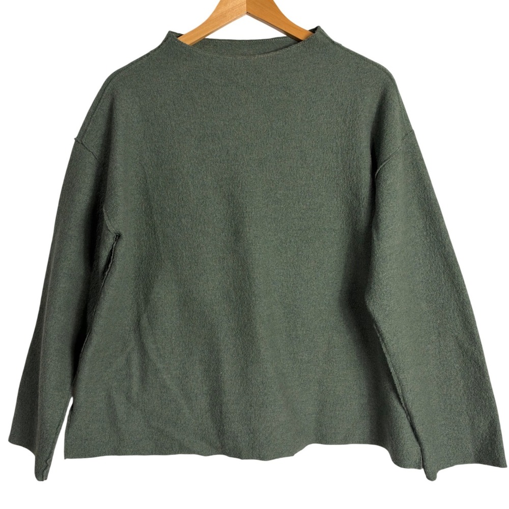 Eileen Fisher Wool Mock Neck Boxy Sweater Sage Green XS earthy natural lodge log